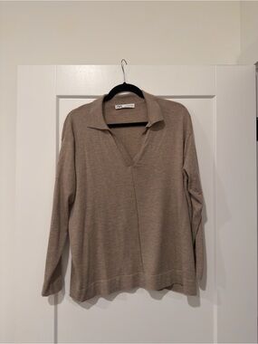 Zara Taupe Collared Knit Top